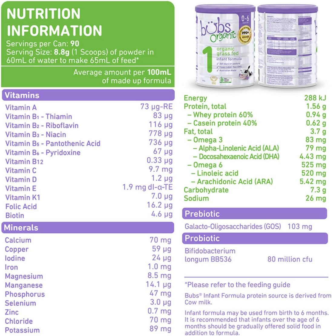 Bubs Organic Grass Fed Infant Formula Stage 1, Infants 0-6 months, Made with Non-GMO Organic Milk, 28.2 Oz - Image 6